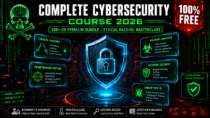 Complete cybersecurity course bundle 2026 banner showing ethical hacking, penetration testing, malware analysis, network security and OWASP training with 500 GB free download