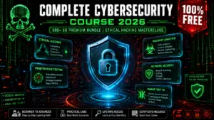 Complete cybersecurity course bundle 2026 banner showing ethical hacking, penetration testing, malware analysis, network security and OWASP training with 500 GB free download
