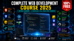 Hitesh Chaudhry web development course 2025 banner showing HTML CSS JavaScript Tailwind Node.js MongoDB and full stack projects with 31 modules free download