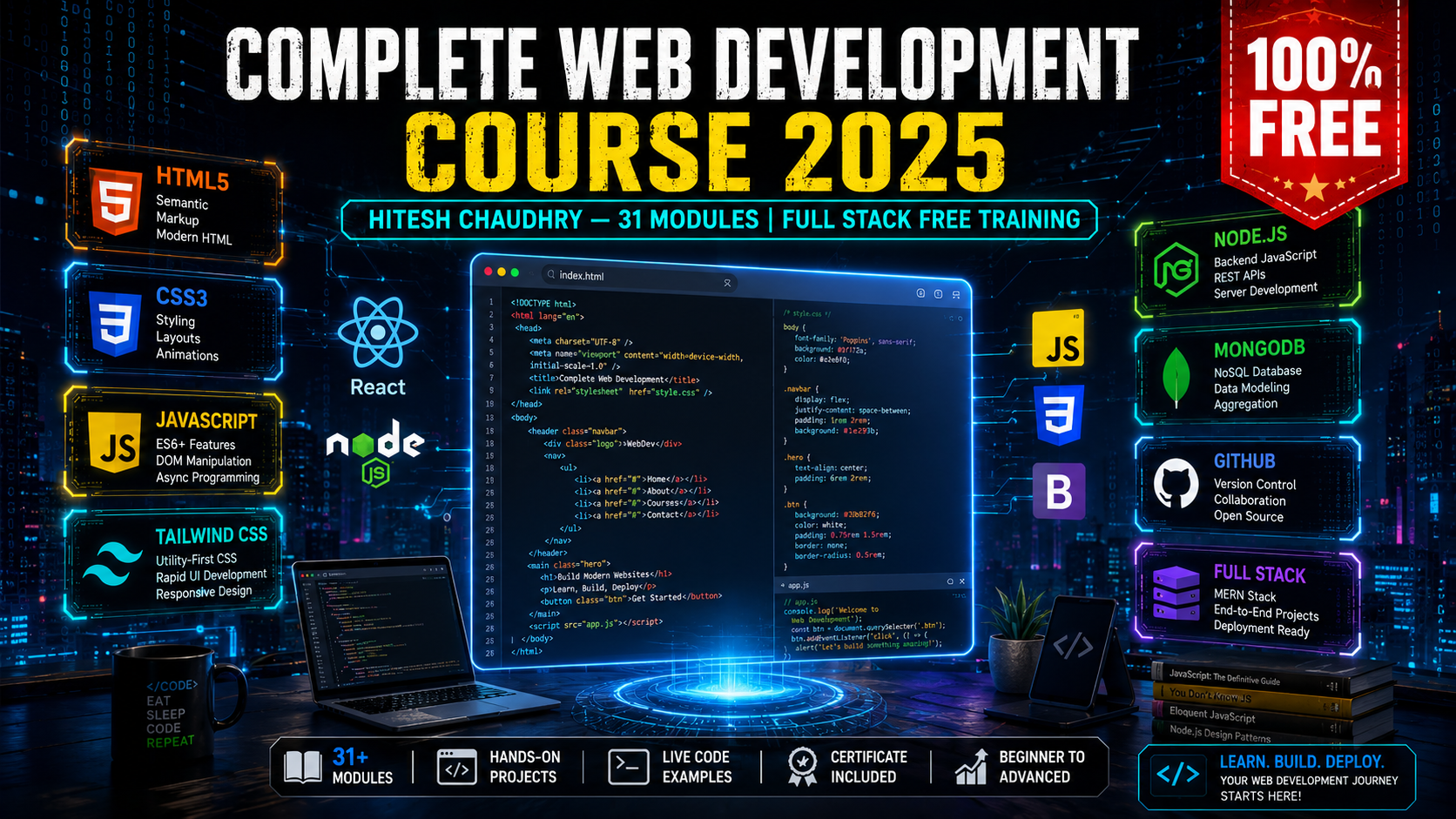 Hitesh Chaudhry web development course 2025 banner showing HTML CSS JavaScript Tailwind Node.js MongoDB and full stack projects with 31 modules free download