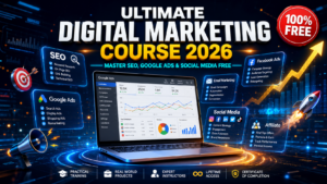 Ultimate digital marketing course 2026 banner showing SEO, Google Ads, Facebook Ads, email marketing, social media and affiliate marketing training with free access