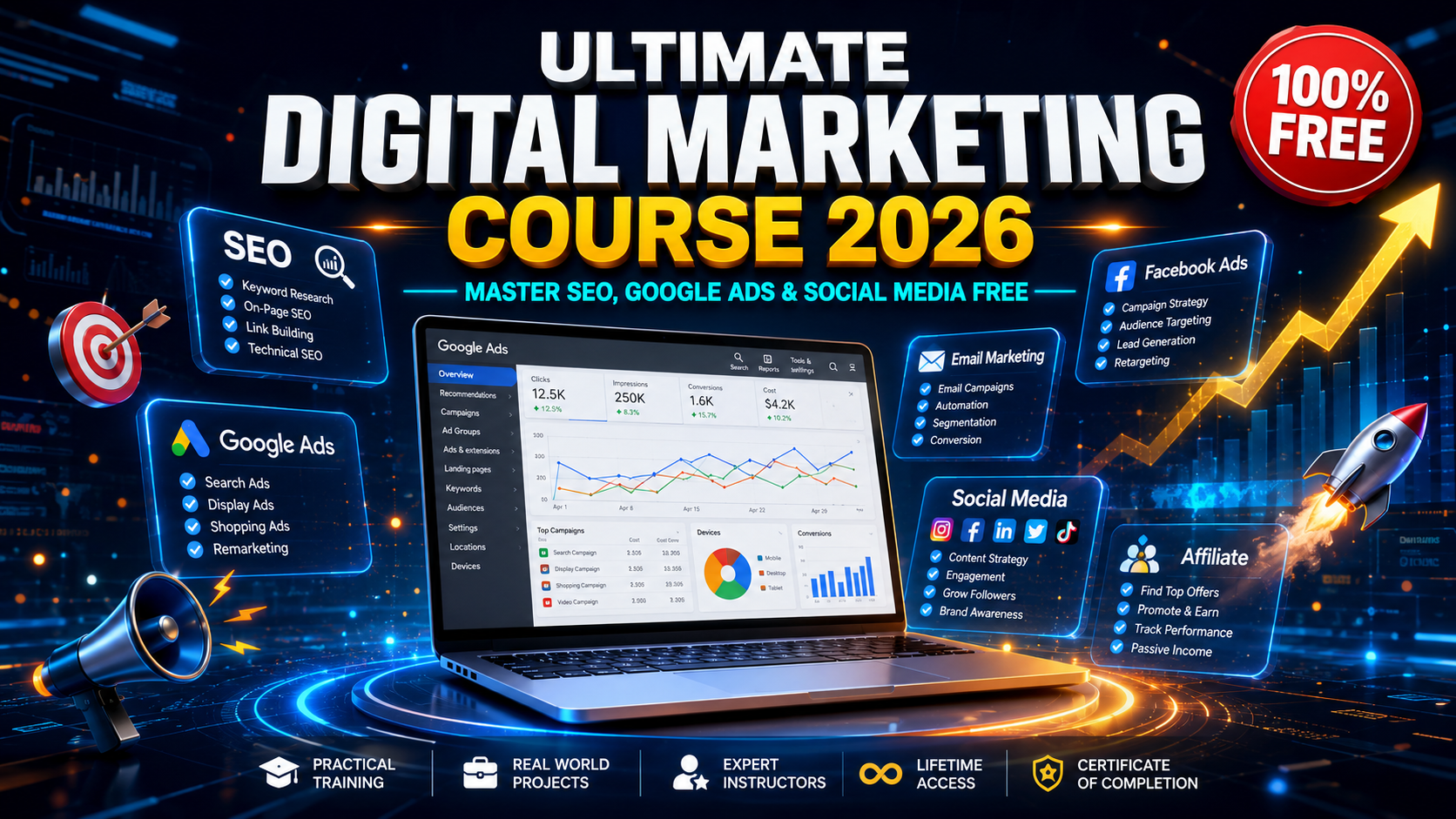 Ultimate digital marketing course 2026 banner showing SEO, Google Ads, Facebook Ads, email marketing, social media and affiliate marketing training with free access