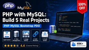 PHP with MySQL course banner showing 5 real-world projects including authentication system, URL shortener, image gallery, email system, and CRUD application