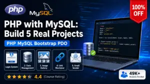 PHP with MySQL course banner showing 5 real-world projects including authentication system, URL shortener, image gallery, email system, and CRUD application