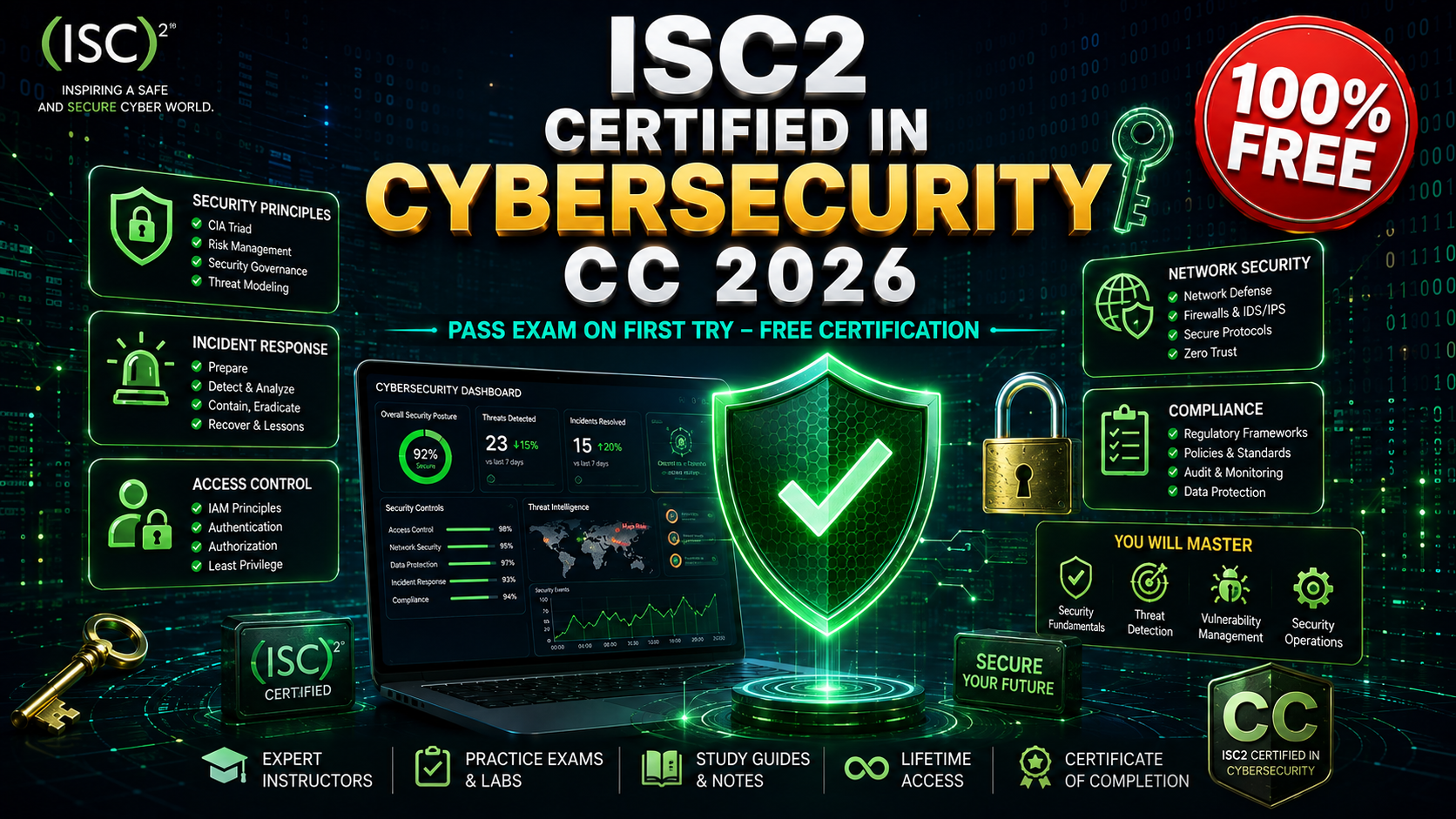 ISC2 certified in cybersecurity CC course 2026 banner showing security principles, incident response, access control and network security training with free certification