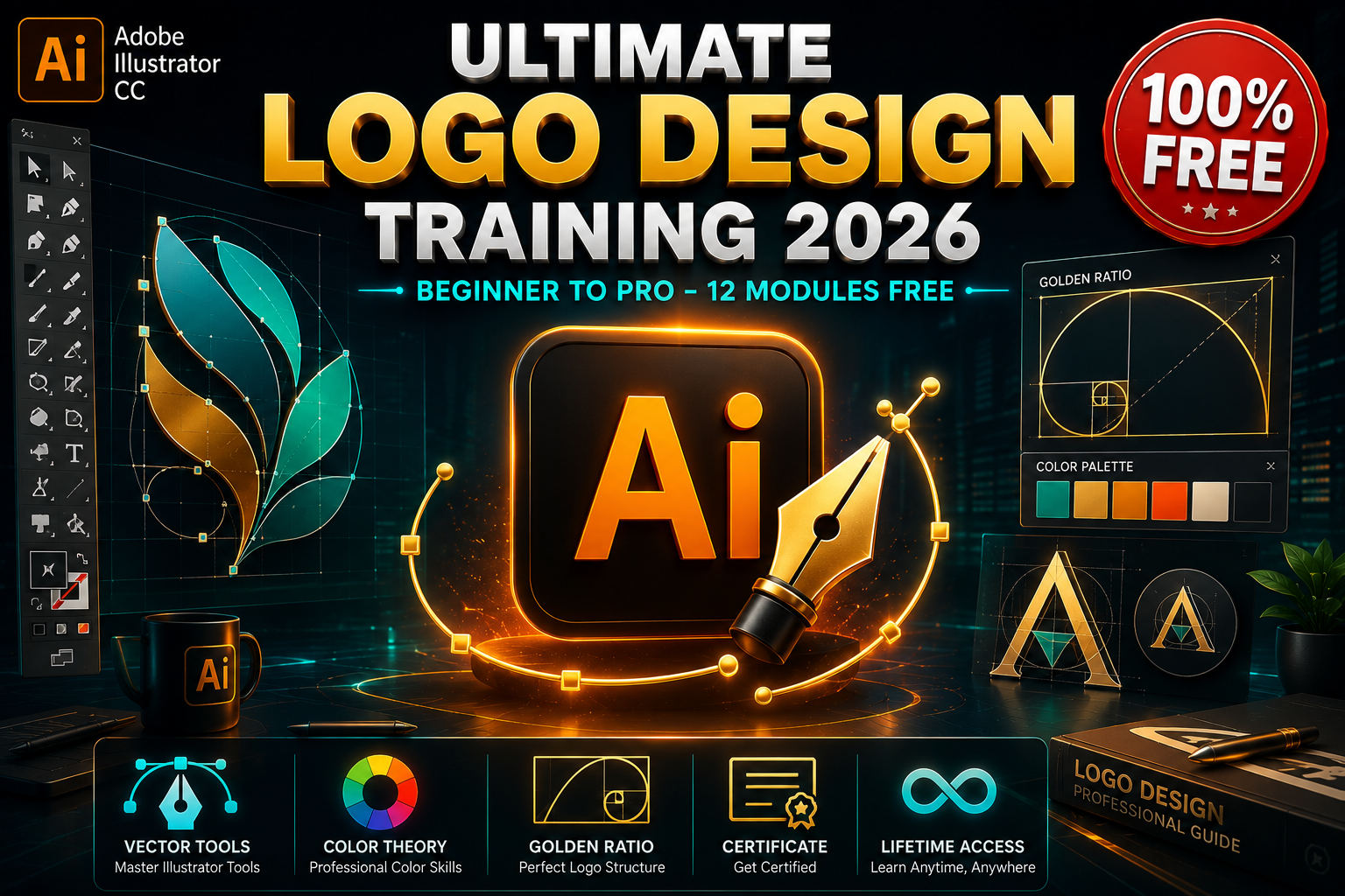 Ultimate Logo Design Training 2026 banner - Adobe Illustrator CC free course cover showing vector tools, golden ratio, color palettes, and 12 modules beginner to pro training with 100% free badge.